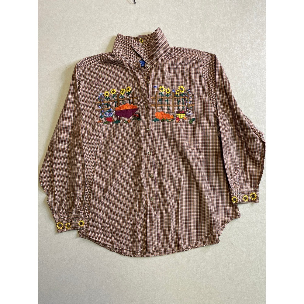Karen Scott II Womens 2X Harvest Pumpkin Sunflower Embroidered Check Shirt Fall